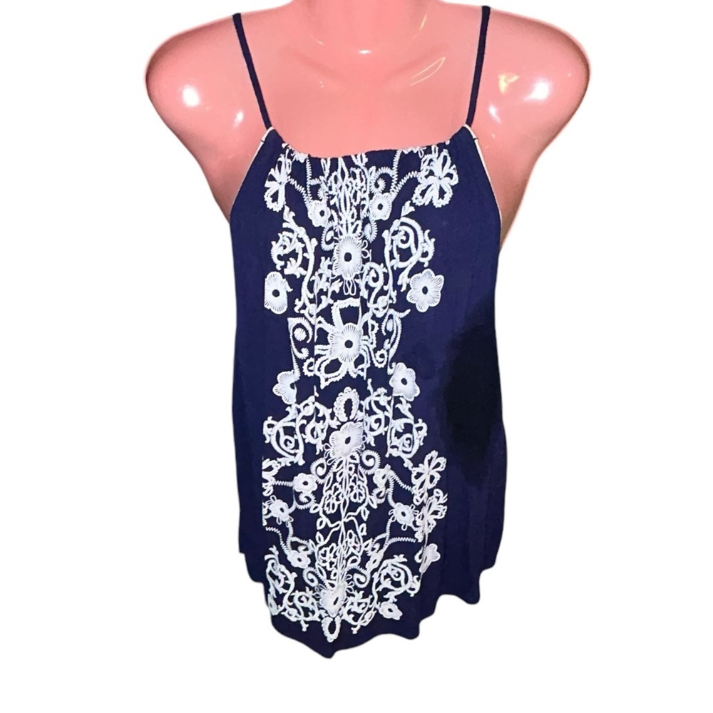 Navy Cami Tank Top with White Embroidery Sz Large by Tining - Picture 3 of 10